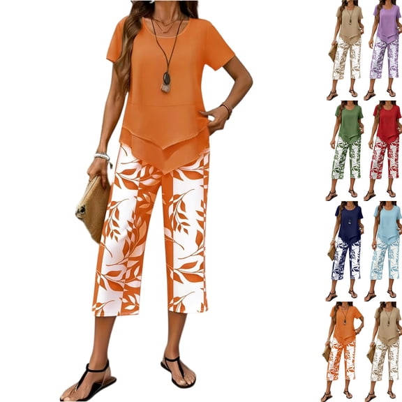 Women’s Capri Sets 2 Piece Outfits, Casual Summer Wide Leg Crop Pants and Top Matching Set,Orange,S