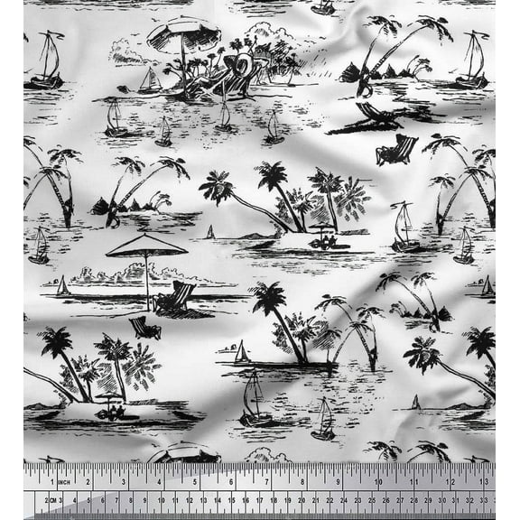 Soimoi Crepe Silk Fabric Chair,Palm Tree & Yacht Beach Fabric Prints by Yard 42 Inch Wide