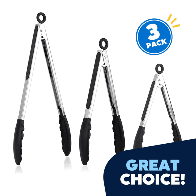 Black Kitchen Tongs for Cooking with Silicone Tips Stainless Steel Tongs 450℉ Locking Set 3, Cooking Serving Grilling Barbecuing Salads Kitchen Clips Easy to Use