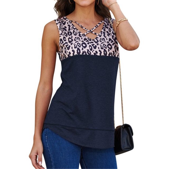 Qarigey HUBERY - Camiseta sin mangas con cuello en V y costuras de leopardo para mujer Prendas para la parte del cuerpo Azul L Qarigey AP002393-13