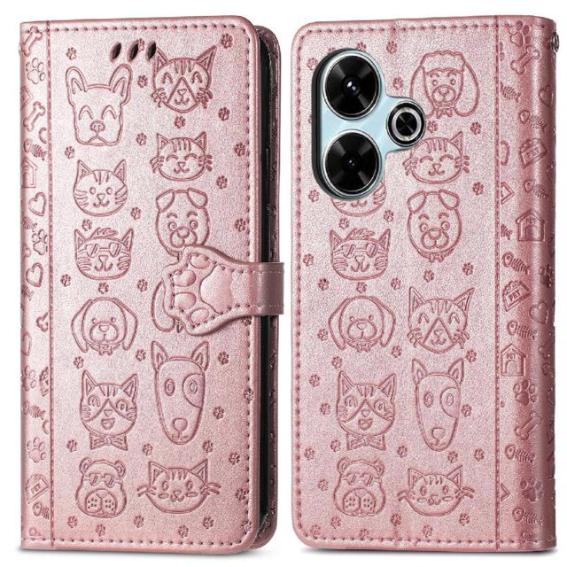 Funda Cartera FOXDOCK para Xiaomi Redmi 13 4G , Flip PU con Relieve de Gatos y Perros, Tarjetero y Soporte