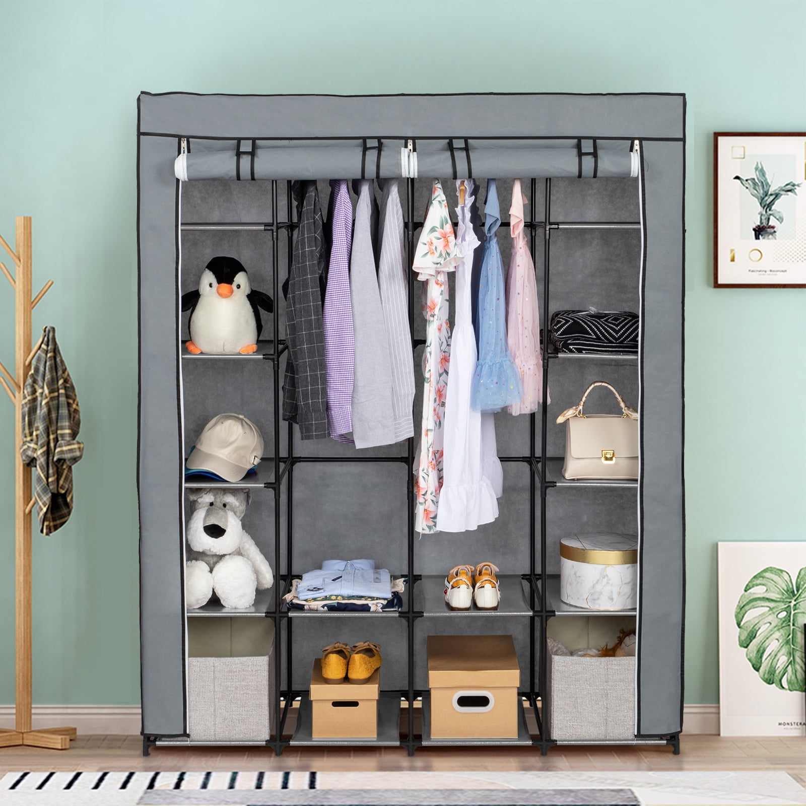 Private Jungle Portable Organizer Storage, Wardrobe Closet with Non-Woven Fabric 14 Shelves with Side Pockets,Gray Private Jungle Portable Organizer Storage, Wardrobe Closet with Non-Woven Fabric 14 Shelves with Side Pockets,Gray