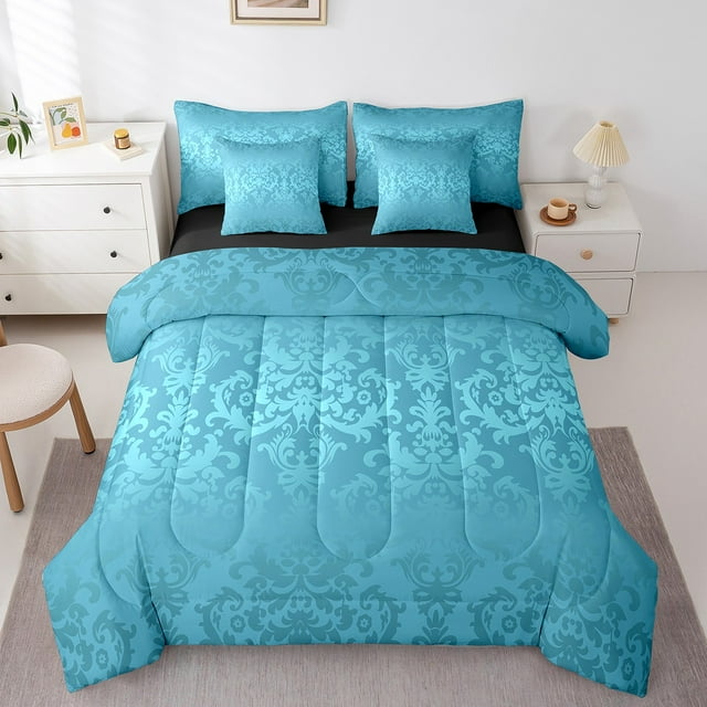 YST Lake Blue Damask Comforter Set, Antique Victorian Baroque Bedding, Polyester, Full Size (7 Count)