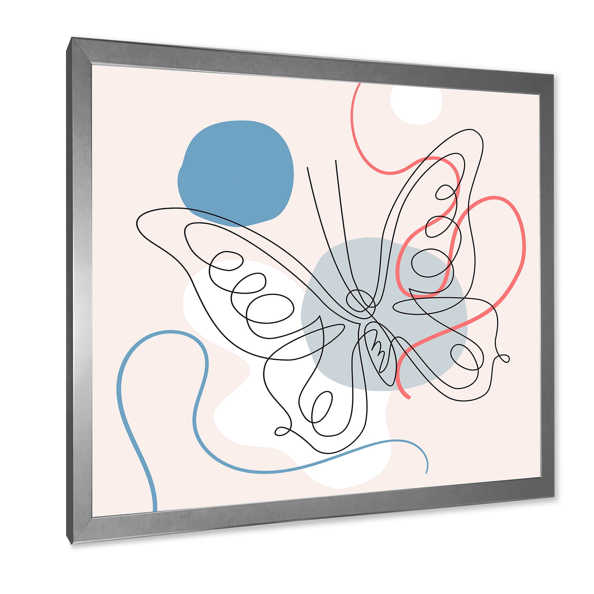 Designart 'One Line Butterfly Drawing On Cubism Shapes III' Modern Framed Art Print