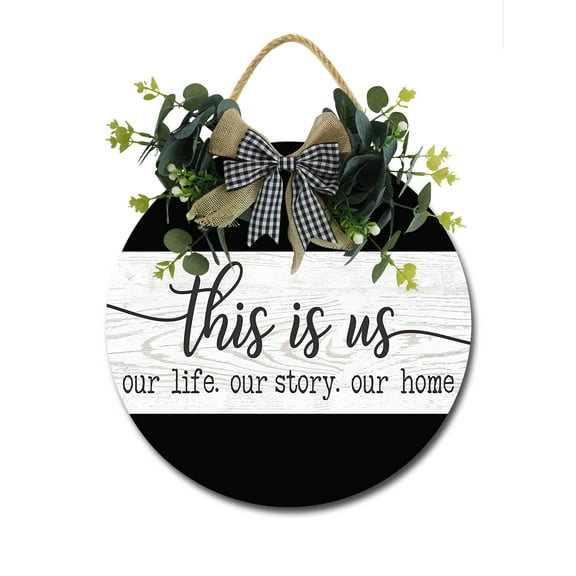 This Is Us Sign for Front Door, Decor for Farmhouse Porch Decorations, Round Wooden Hanging Sign Housewarming Gift for Home Outdoor Indoor