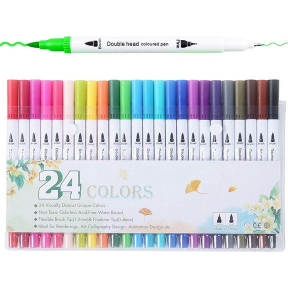 Markers for Adult Coloring, 24 Colors Dual Brush Markers Pens, Dual Tip Fine Point Art Markers