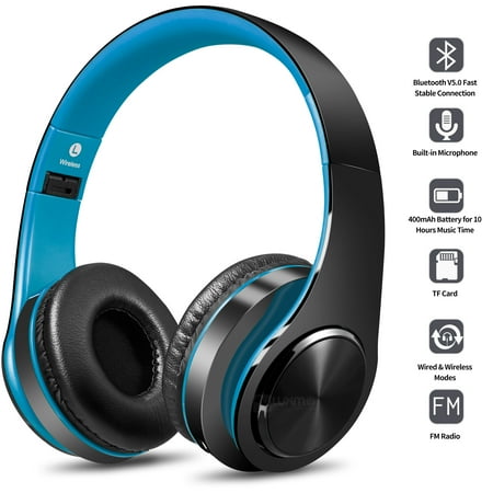 Bluetooth Headphones Over Ear Hi-Fi Stereo Wireless Foldable Headset with Soft Memory-Protein Earmuffs Built-in Mic and Wired Mode for PC/Cell Phones/TV(Blue)