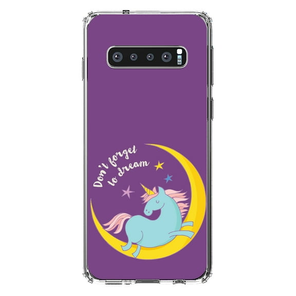 DistinctInk Clear Shockproof Hybrid Case for Samsung Galaxy S10 (6.1" Screen) - TPU Bumper, Acrylic Back, Tempered Glass Screen Protector - Unicorn Moon - Don't Forget to Dream