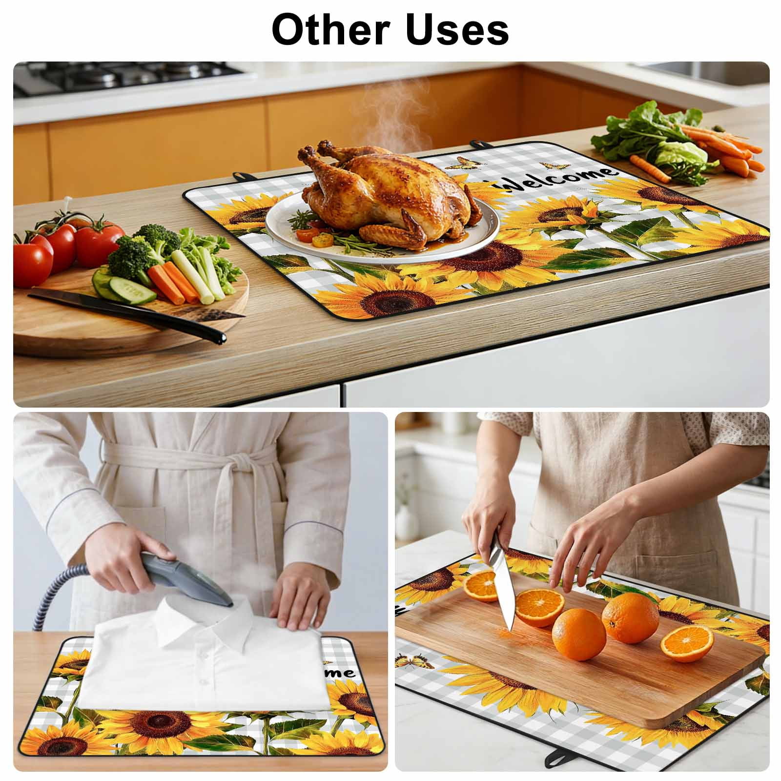 Yellow Sunflower Stove Top Cover for Electric Stove, Heat-proof & Non Slip Glass Top Stove Cover Protector, Butterfly Grey Buffalo Plaid Spring Kitchen Flat Cooktop Rubber Mat 24x21 Inches