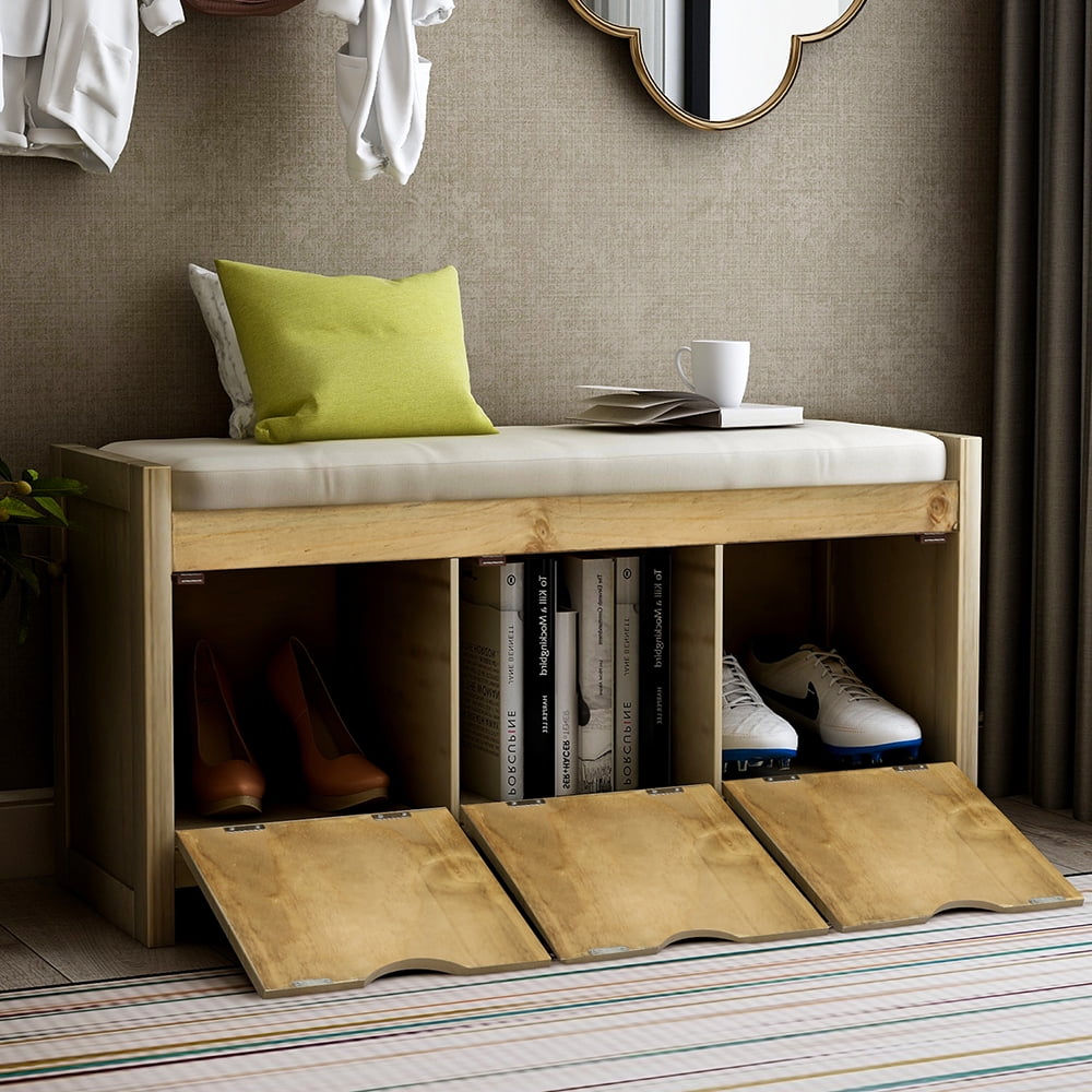 Kepooman Home Classic Solid Pine Storage Bench, 3-Cube Organizer Storage Bench with Removable Cushion for Living Room, Natural Kepooman Home Classic Solid Pine Storage Bench, 3-Cube Organizer Storage Bench with Removable Cushion for Living Room, Natural