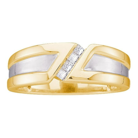 Princess Diamond Man Wedding Ring - 14kt Yellow Gold Mens Princess Diamond Single Row Two-tone Wedding Band Ring 1/6 Cttw
