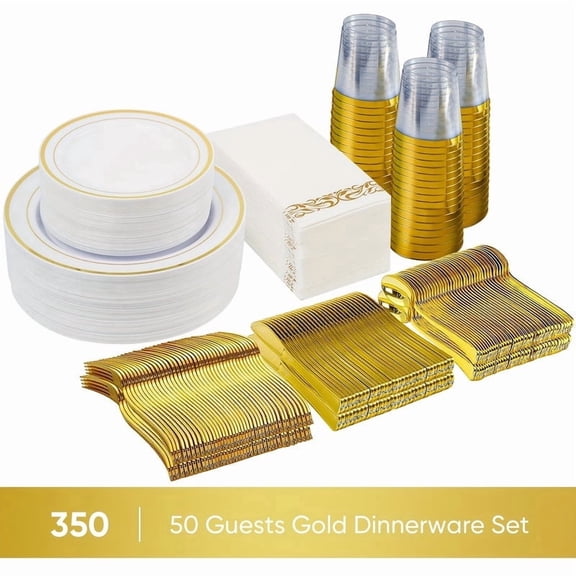350 Pcs Gold and Clear Plastic Dinnerware Set for 50 Guests, Disposable Plates for Party, Wedding