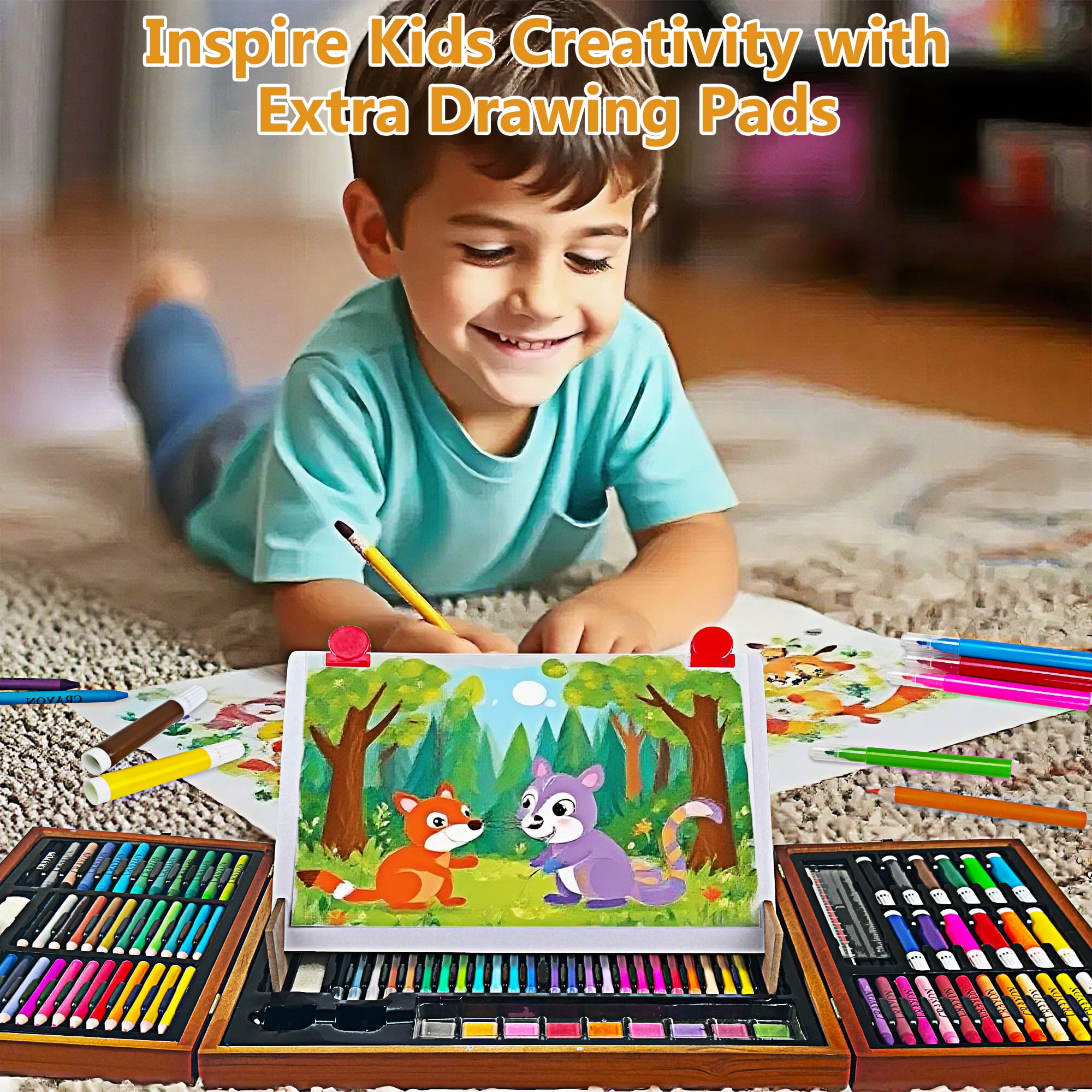 KINSPORY 172 Pack Painting Colouring Art Set, Art Supplies with Drawing Easel, Wooden Case Gift for Artist Beginners Kids Girls Boys (Brown)