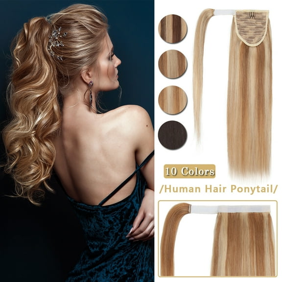 SEGO Clip in Hair Extensions 100% Remy Human Hair Wrap Around Ponytail Extension Thick Long Straight Black Hairpiece with Comb Magic Paste Pony Tail