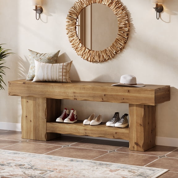 Finmind Solid Wood Entryway Shoe Bench, 2-Tier Farmhouse Shoe Storage Organizer, Wooden End of Bed Bench for Living Room, Bedroom, Natural Brown
