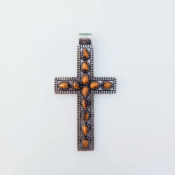 Tiger's Eye Cross Pendant 925 Sterling Silver Polished Handmade Gemstone Jewelry 2.83"