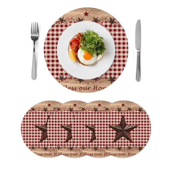 Country Star Farm Round 15 Inch Placemats Set of 4, Farmhouse Plaid Texas Vintage Fruit HeatResistant Non Slip Place Mats for Dining Table, Wipeable Braided Kitchen Table Mats for Housewarming