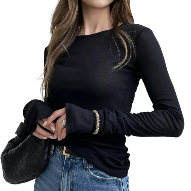 Camiseta de Larga con Cuello Redondo para Mujer, Camisetas Lisas Ajustadas, Tops Cortos para Salir de Otoño Y2K, Camisetas Ajustadas Lindas Negro M