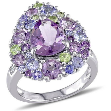 Tangelo 4-1/4 Carat T.G.W. Amethyst, Tanzanite, Peridot, Rose De France and Diamond-Accent Sterling Silver Cocktail Ring