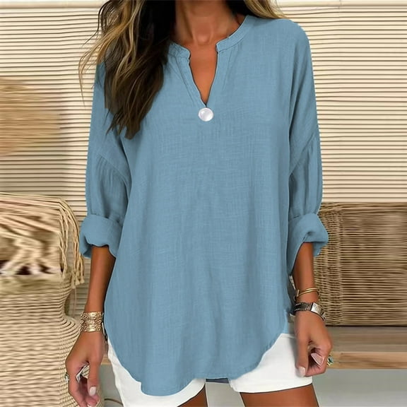 Blue Womens Tops Women's Long Sleeve Solid Color Button V Neck Cotton and Linen Shirt Loose T Shirts for Women