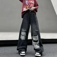 thumbnail image 2 of WTOBBY Women's Retro Ripped Loose Straight Wide Leg Denim Pants, Floor-Length Jeans for a Trendy and Relaxed Look, Comfortable Fit with Distressed Details,Black L, 2 of 6