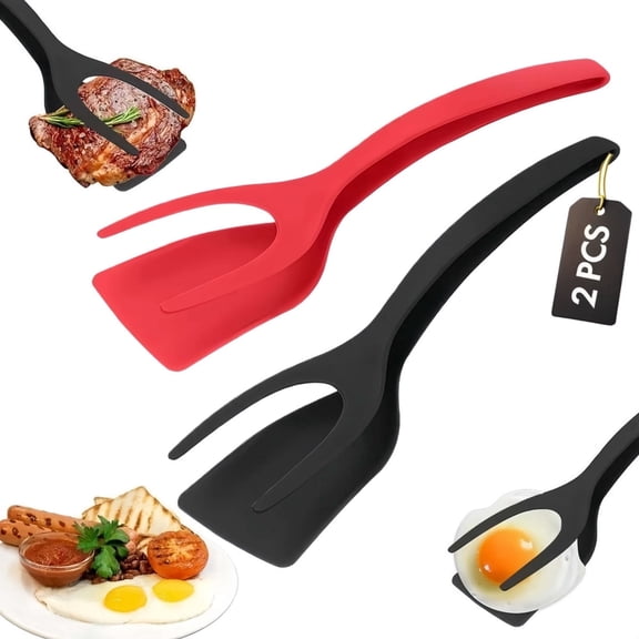 2-Pack 2-in-1 Grip and Flip Spatula Tongs | Nylon Egg Flipper for Non-Stick Cookware | Pancake, Omelet & French Toast Turner Kitchen Tool (Black & Red)