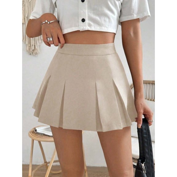 Khaki Pleated A-Line Mini Skirt For Women, Casual Summer Style