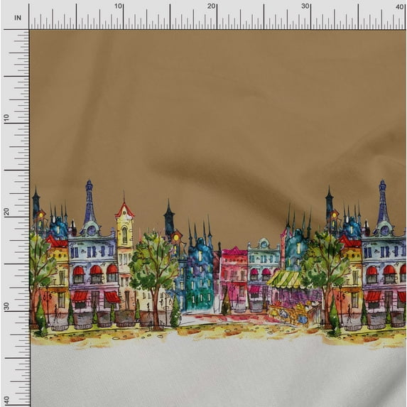 Soimoi Moss Georgette Fabric Buildings Panel Print Fabric by The Yard 42 Inch Wide