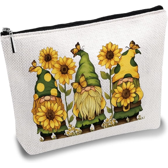 Gnome Makeup Bags for Women Travel Cosmetic Bag Yellow Sunflower Zipper Pouch Tool Multi Purpose Case Toiletry Packing Purse Storage Bag Organizer for Friend Daughter Gifts 10x7Inch Colorful DIY