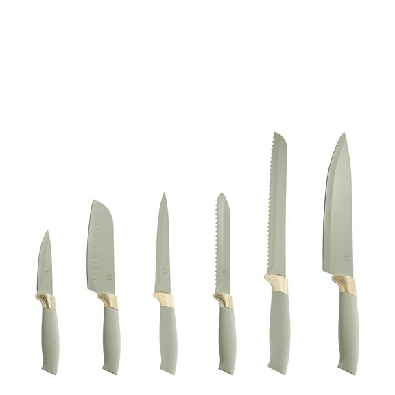 Beautiful 6-Piece Soft Grip Stainless Steel Knife Set Sage Green with Gold Accent by Drew Barrymore