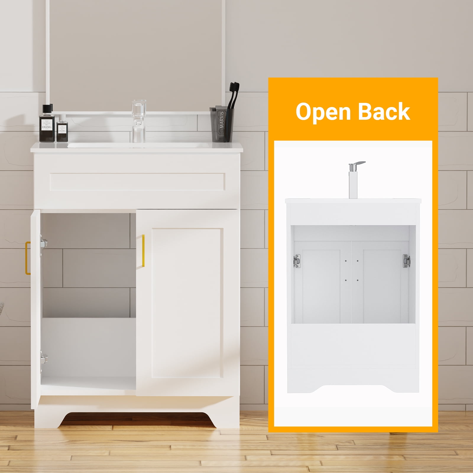KZElegy 24" Bathroom Vanity with Sink Wooden Double Door Bathroom Storage Cabinet,Freestanding Cabinet Vanity with Ceramic Sink,White
