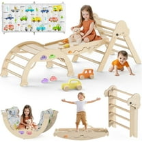 Kidsbuddy Pikler Triangle Set with Cushion, 9 in 1 Foldable Montessori Climbing Toys for Toddlers 1-3, Indoor Wooden Kids Playground Baby Climber with Maze Toys, Shape Sorter Toys, Car Toys