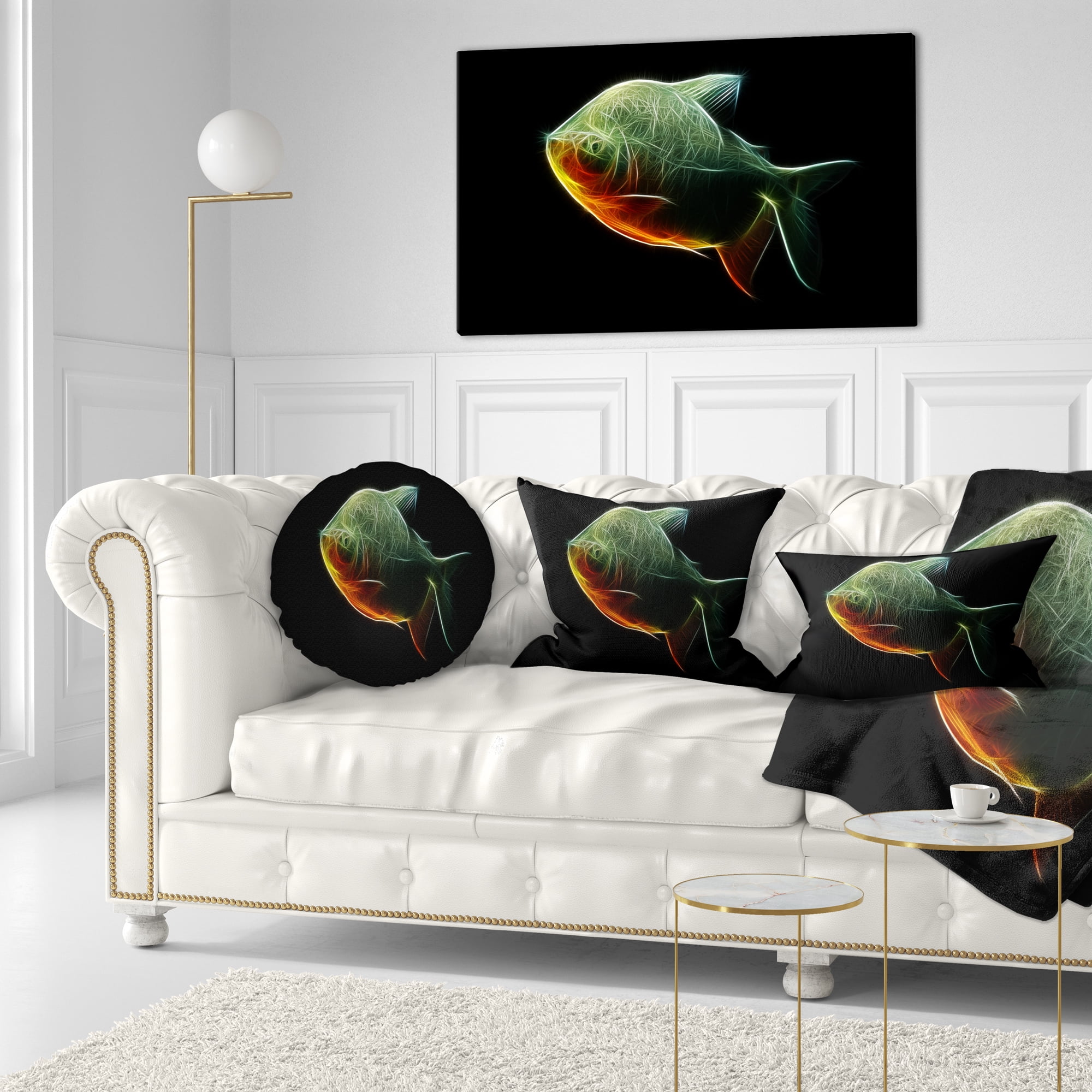 Designart Fractal Pacu Fish on Black - Animal Throw Pillow - 12x20