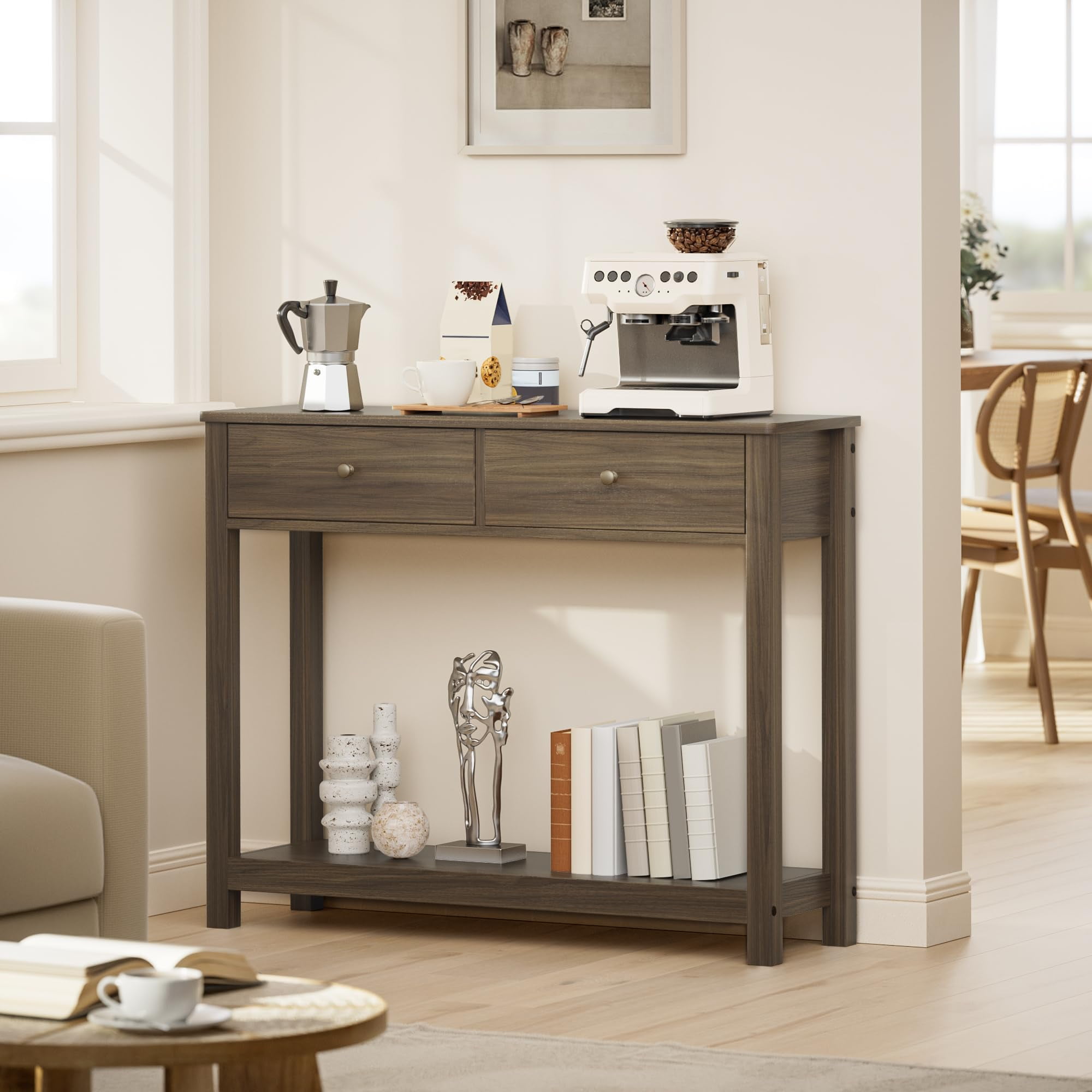 Aiho Console Table 39" with Drawers, Wood Entryway Table Hallway Table with Open Storage, Sofa Table for Living Room, Foyer and Corridor - Retro