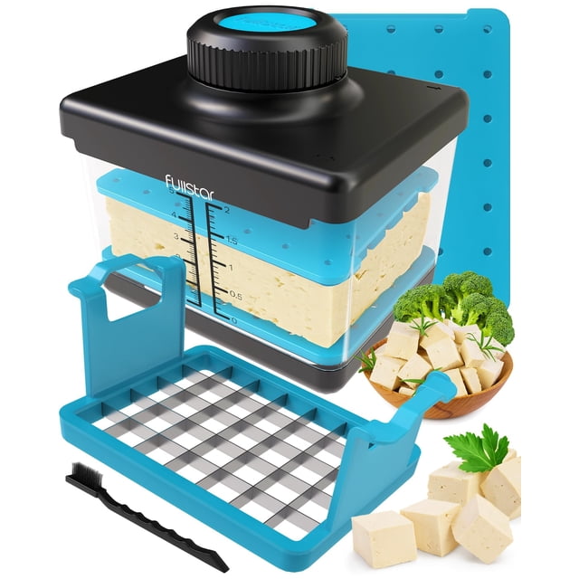 Fullstar - Prensa y cortador de tofu 2 en 1, apto para lavaplatos, sin BPA, caja de prensa para tofu extra firme y sedoso (azul)