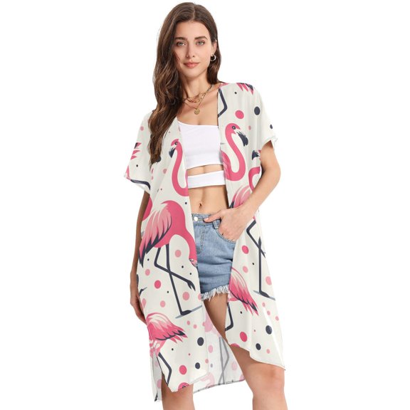 Beach Vacation Clothes Kimono Cardigan Loose Swimsuit Cover Up for Women Flamingos with Polka Dot S