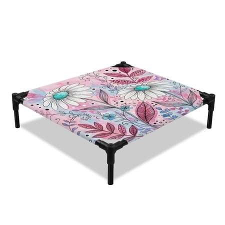 Wild Daisy Blooms Elevated Dog Bed Rustic Farmhouse Floral Flower Pink Teal Botanical Cooling Breathable Outdoor Raised Dog Cot Bed with Metal Frame Non-Slip Feet for Small Dog 20x20in