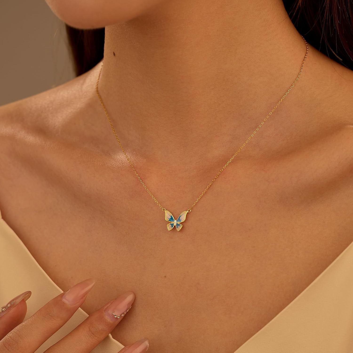 Cute Butterfly Necklaces for Women 14K Gold Plated Blue Enamel Butterfly Insect Choker Pendant Necklace 925 Sterling Silver CZ Charm Chain Necklace Jewelry Birthday Gifts to Daughter