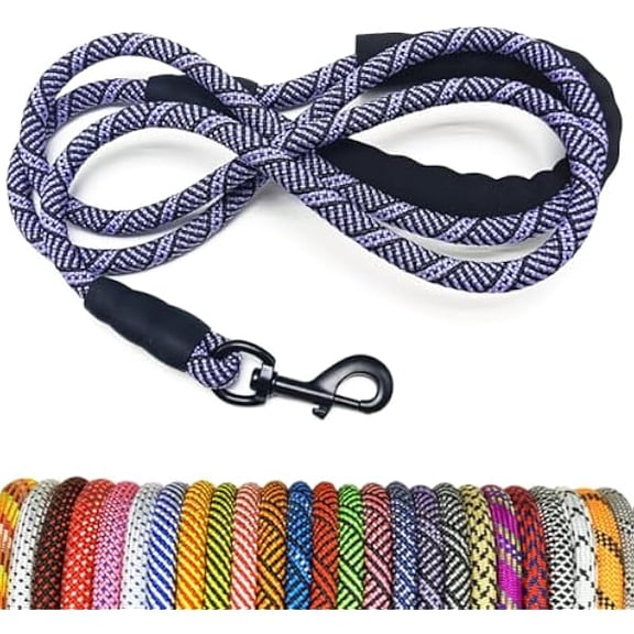 Eryueer Heavy Duty Rope Dog Leash, 3/4/5/6/7/8/10/12/15 FT Nylon Pet Leash, Soft Padded Handle Thick Lead Leashes for Large Medium Dogs (Purple Black, 1/2" * 8')