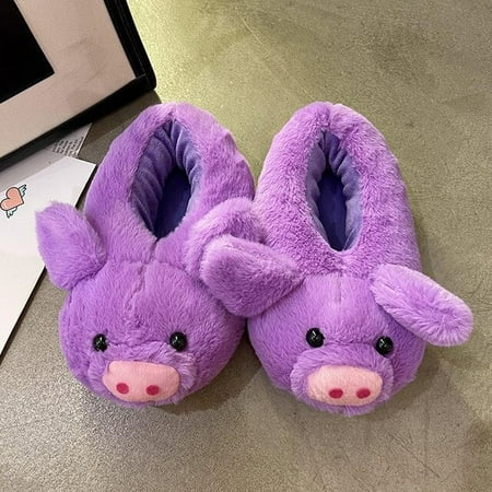 

PIKADINGNIS Winter Warm Home Slippers Cute Pink Little Pig Cartoon Design Adult Girl Lady Plush Head Silent Indoor Floor Women Fun Slippers