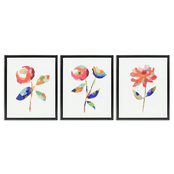Stupell Industries Brushed Freeflow Flower Plants & Flowers Painting Black Floater Framed Canvas Art Print Wall Art, 17 x 21, Set of 3