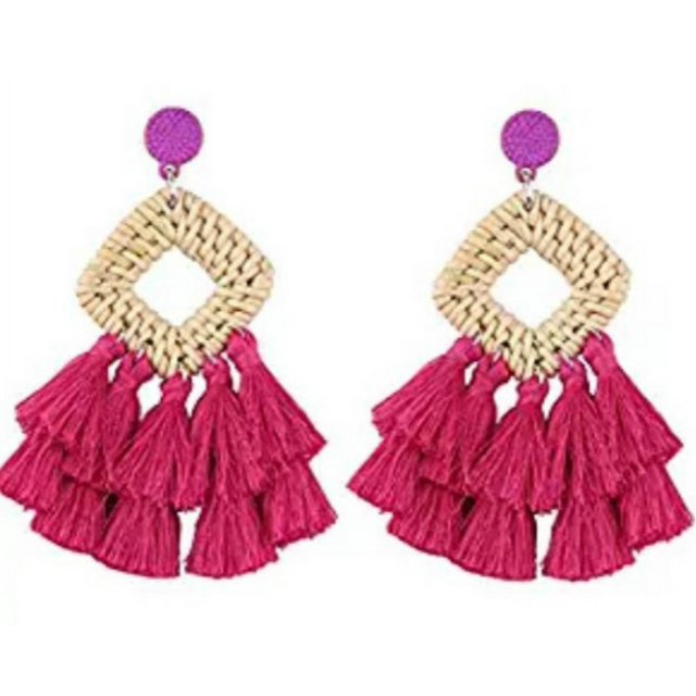Laklulu Pendientes de borla bohemia hechos a mano colgantes étnicos con flecos tejidos de bambú geométricos cuadrados sector regalos para mujeres y niñas