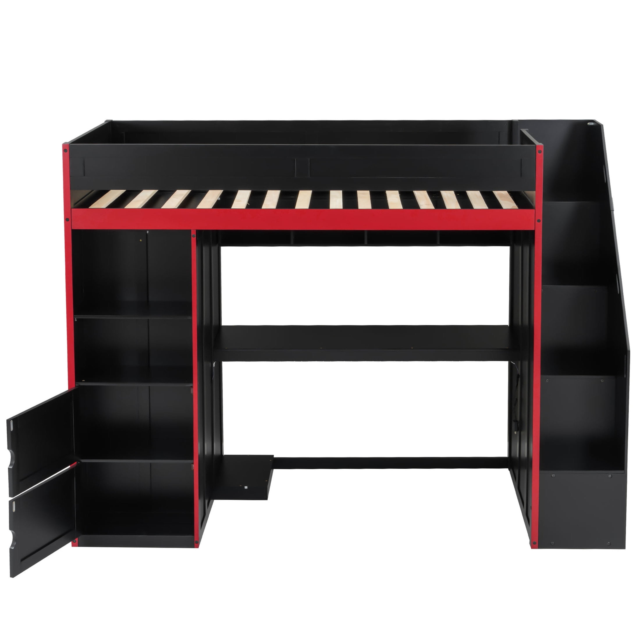 Noble House Mira Twin Gaming Loft Bed, Desk with Storage Locker & LED Lights, Solid Wood Frame, Black and Red