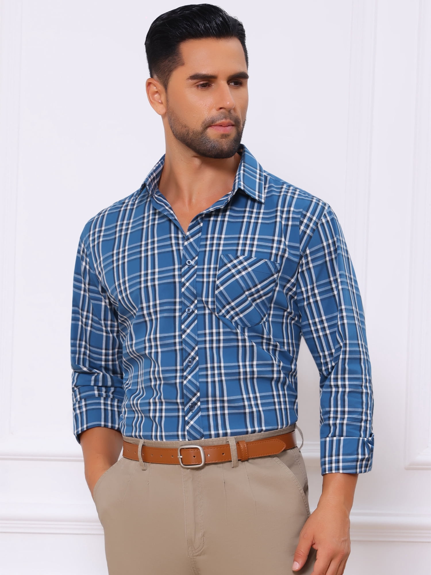 DARING DIVA Men's Long Sleeve Checked Shirt Point Collar Button Plaid Shirt S Dark Blue