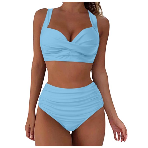 MKLEKYY Trajes De Baño Mujer Curvy Women High Waisted Bikini Sexy Push Up Two Piece Swimsuits Vintage Swimsuit Two Piece Retro Ruched High Waist Print Bikini Set 1955