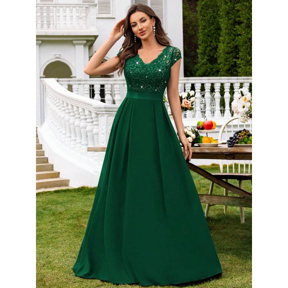 Dark Green V-Neck Sequin Lace Short Sleeve A-Line Evening Gown