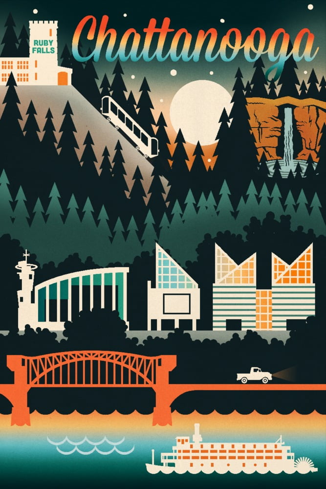 Chattanooga, Tennessee, Retro Skyline Chromatic Series (16x24 Giclee