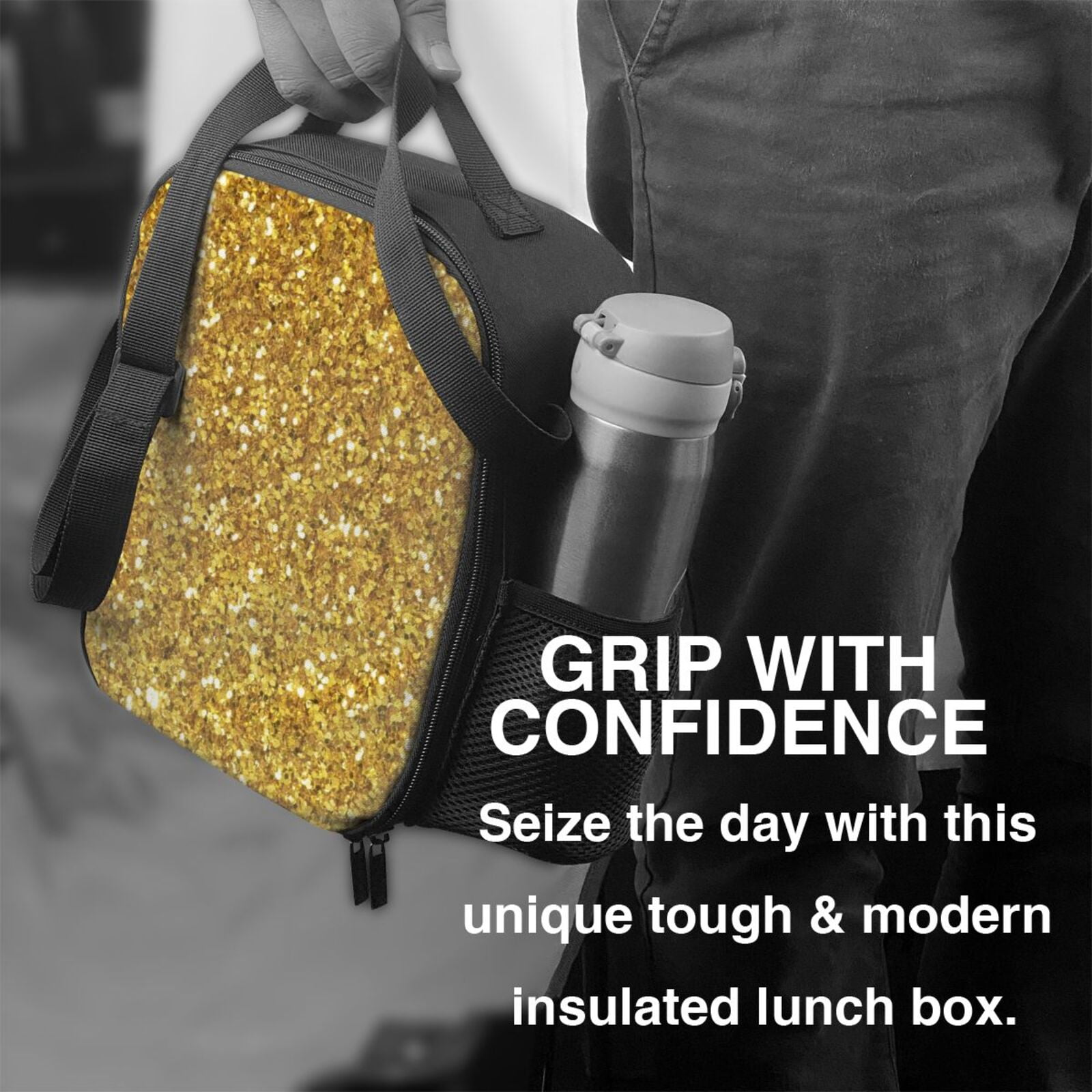 Ratiio Gold Glitter Print Lunch Box - Reusable Lunch Bag Men Adult Women- Insulated LunchBox