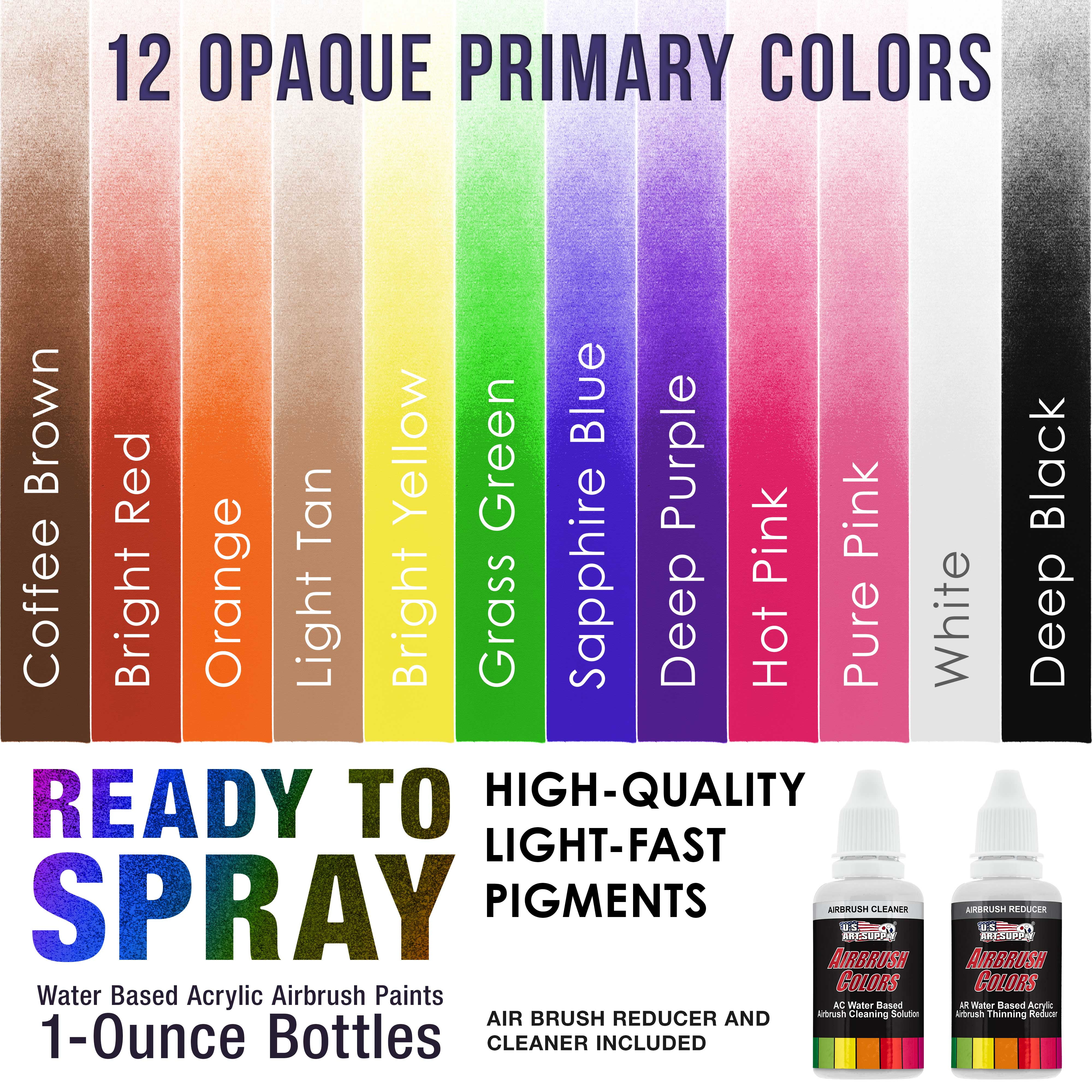 U.S. Art Supply Airbrush Paint Set - 12 Color Primary Opaque with Reducer & Cleaner, Ready to Spray Air brush Paint, 1-Ounce Water-Based Acrylic for Painting Metal, Plastic Models, Canvas, Wood