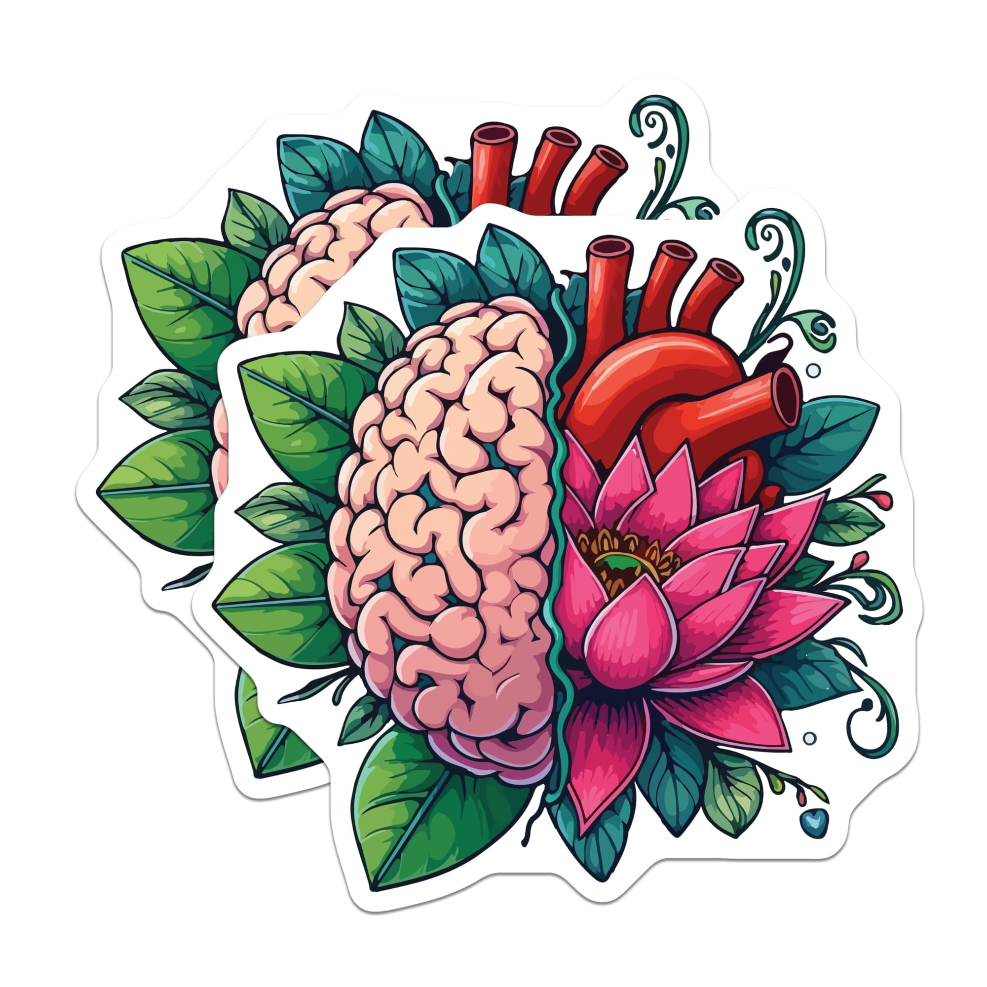 (2 Pack) Brain Heart Lotus Stickers - Mindful Anatomy Art - Spiritual Botanical Decals - Holistic Wellness Sticker - 5" On Longest Side - Sticks to Smooth Flat Surfaces - Made in USA - BMCS20084